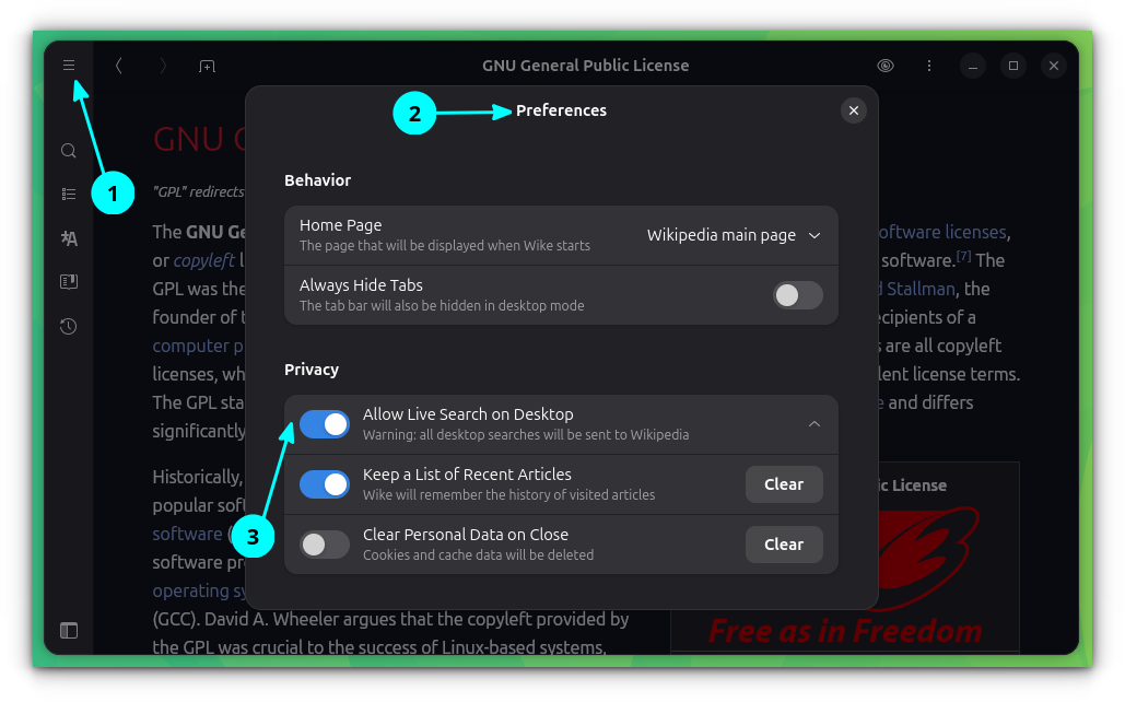 Enable the shell search feature in Wike application preferences.