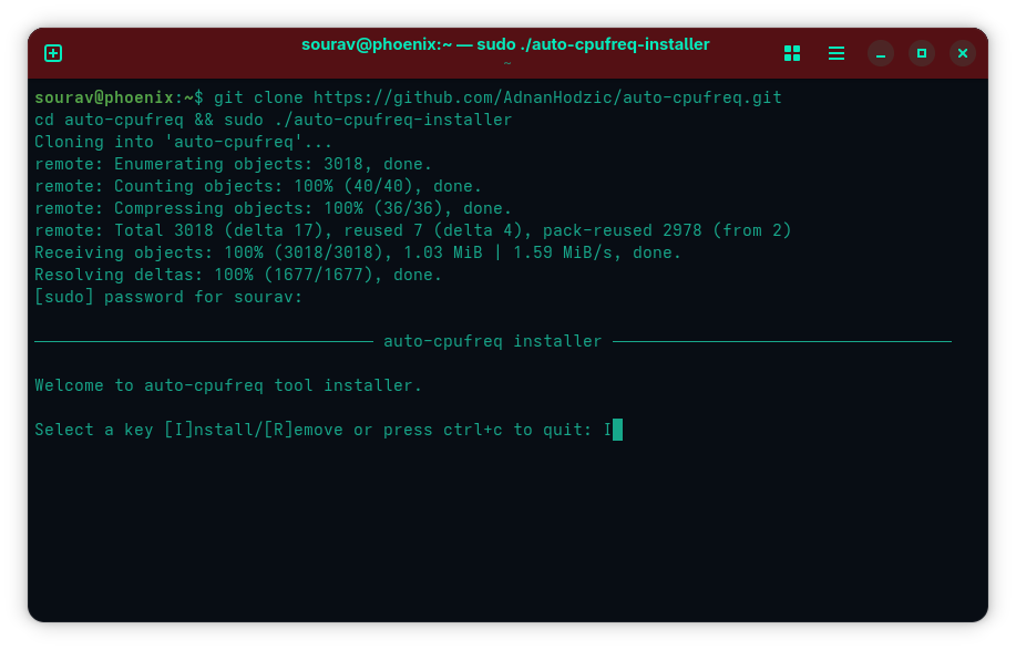 this terminal window shows the output for a git clone command and the auto-cpufreq installer in action
