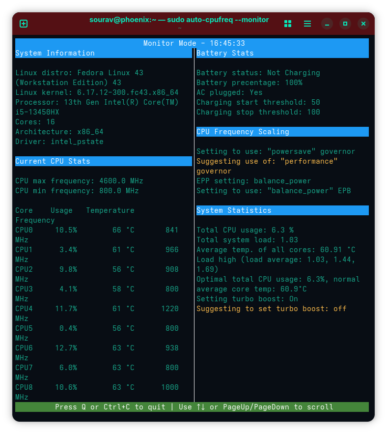 this terminal window shows the output for the command: sudo auto-cpufreq --monitor command on a fedora 43 workstation edition system, there are many cpu-related metrics shown