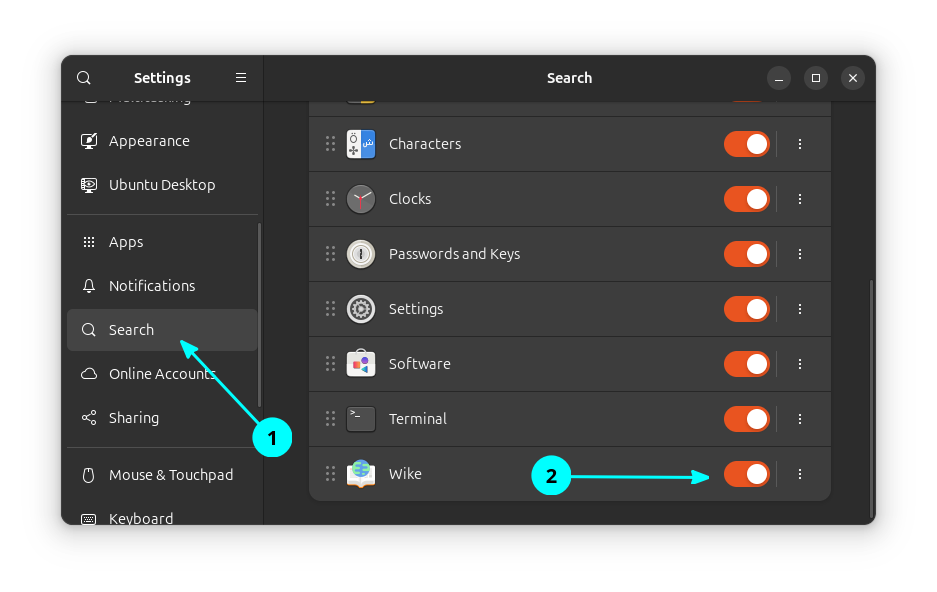 Enable Wike as a search provider in GNOME Settings.