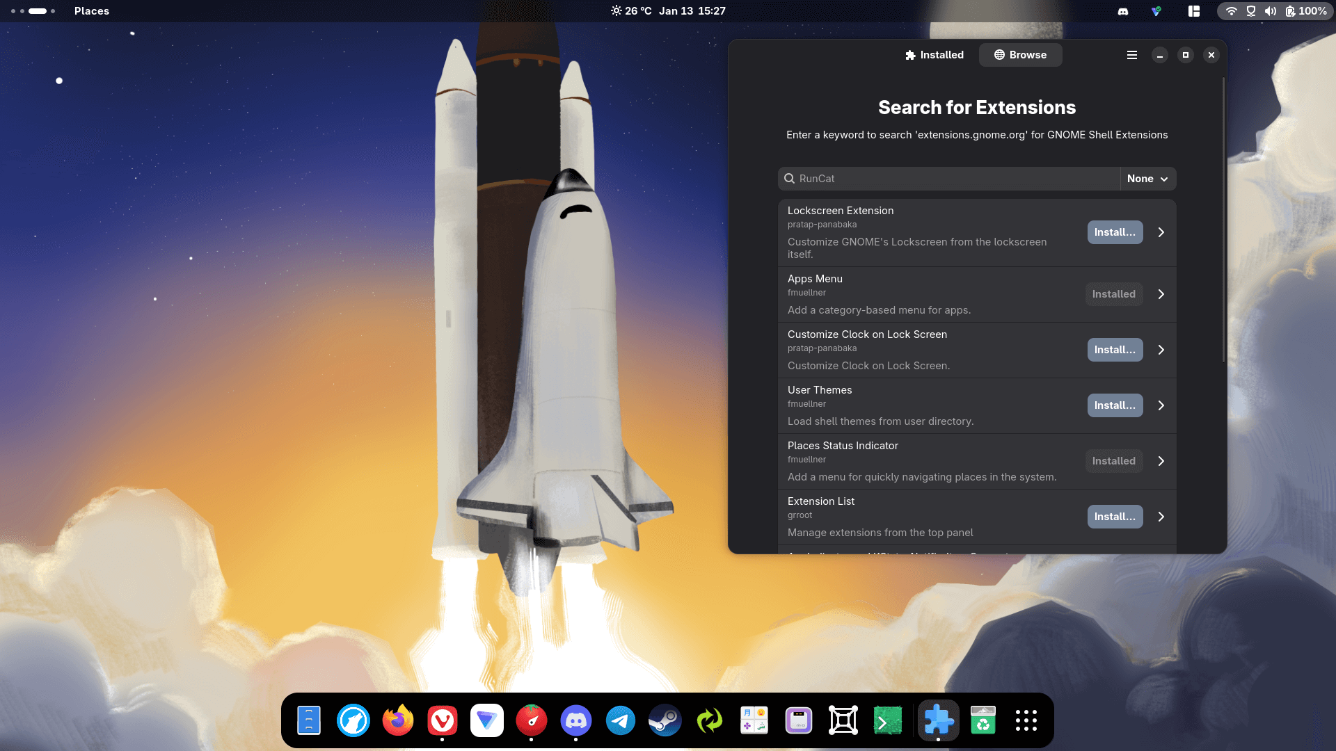 a fedora workstation 43 desktop shows an extension-filled search page (called browse) on the extension manager app