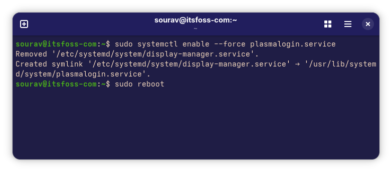 this photo shows a purple-colored terminal with the sudo systemctl enable --force plasmalogin.service command output and the sudo reboot command entered
