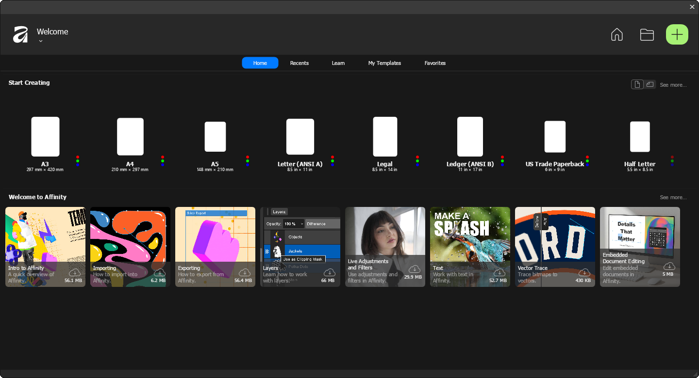 Welcome dialogue in Affinity