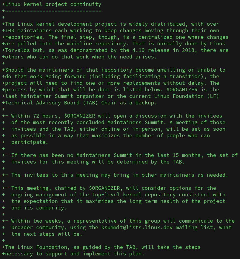 this picture shows a wall of green text that is the linux kernel project continuity document