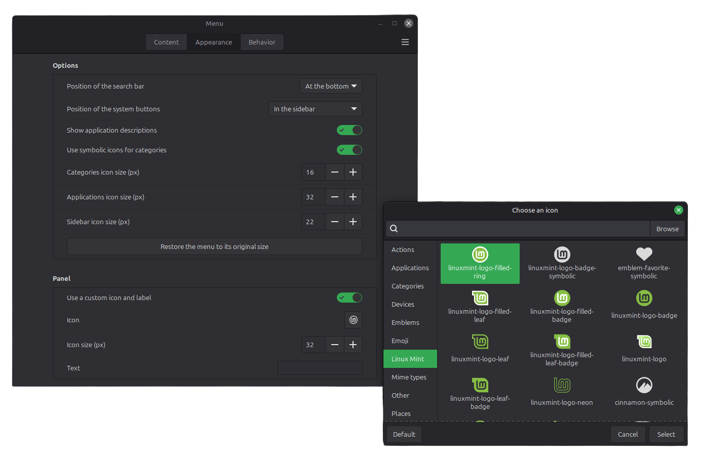 the new menu customization options on linux mint 22.3 "zena"