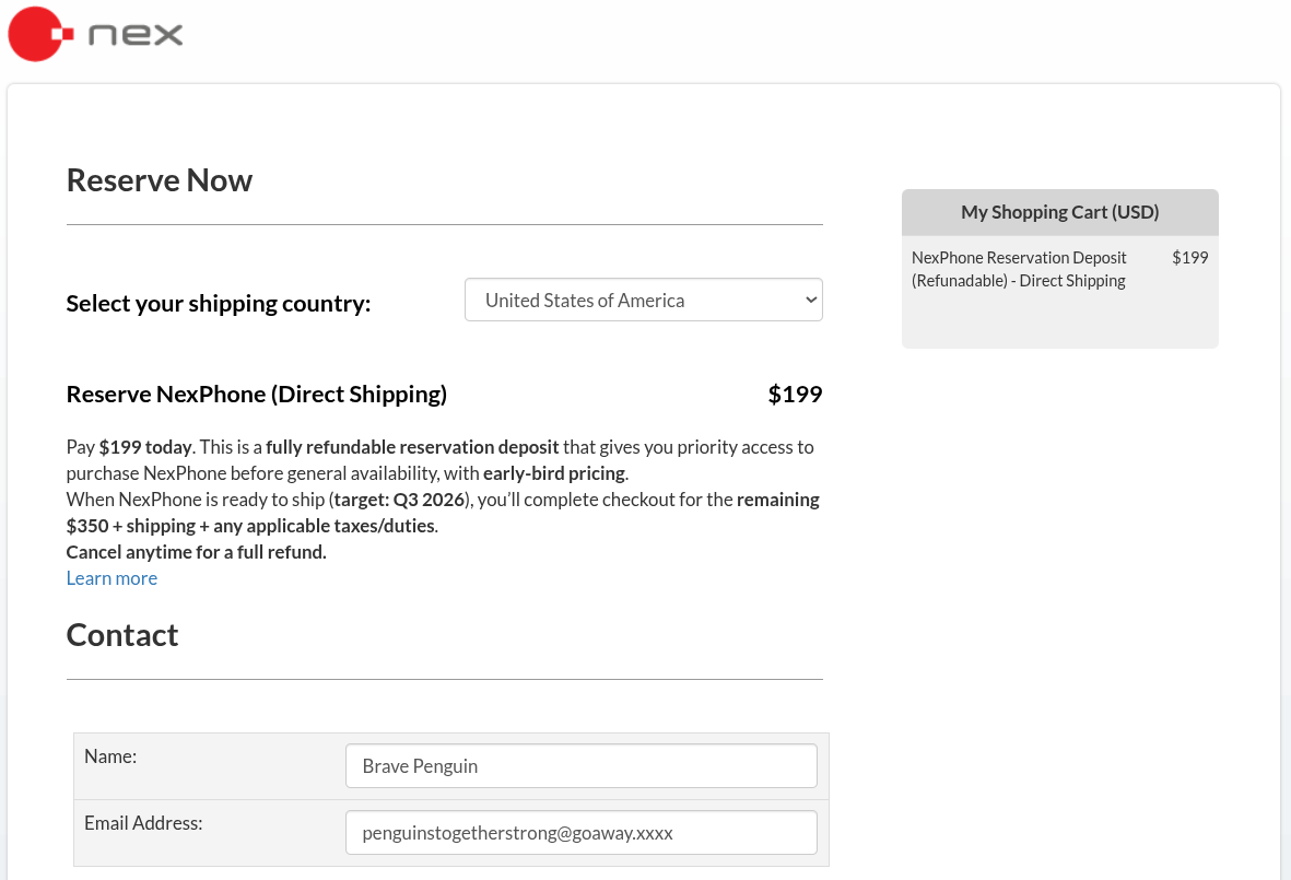a cropped picture of the reservation page for the nexphone, it shows a form for filling out details like the shipping country, reservation amount, and contact information