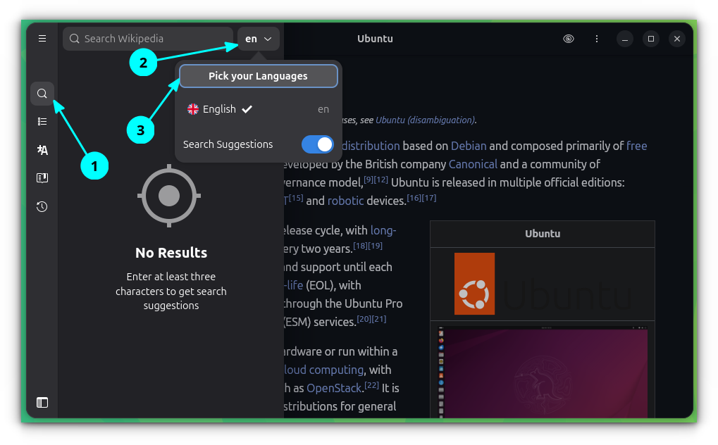 Click on the "Pick your language" option in Wike search settings.
