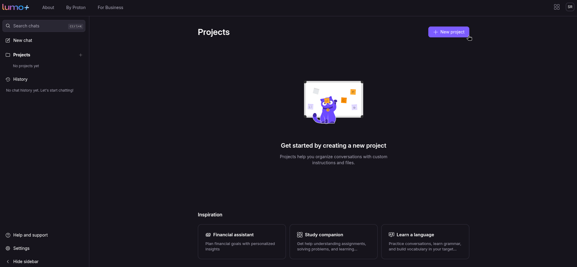 an empty projects page is shown in the proton lumo interface in this picture