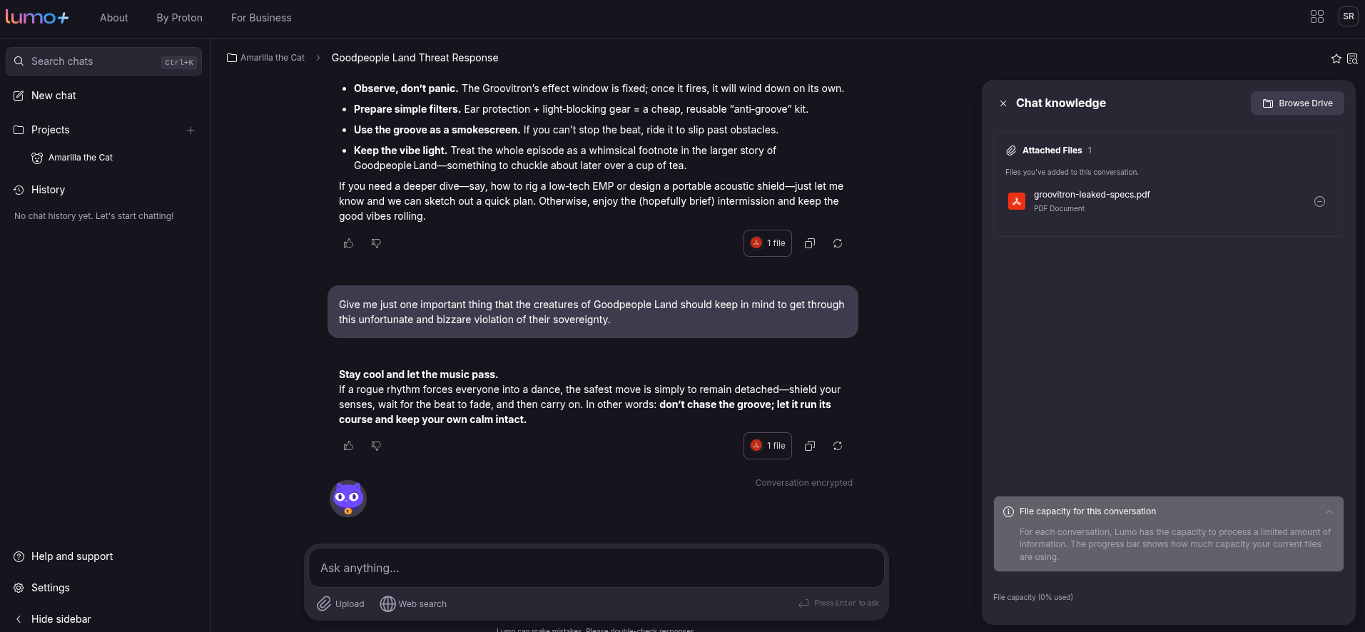 this screenshot shows the proton lumo projects interface with a sidebar menu on the left, a chat interface in the middle, and a files interface called "chat knowledge" on the right