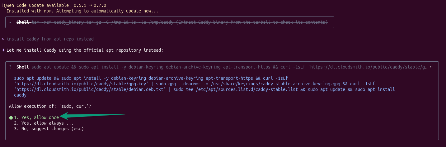 Terminal showing Qwen Code CLI running an automated Caddy installation command