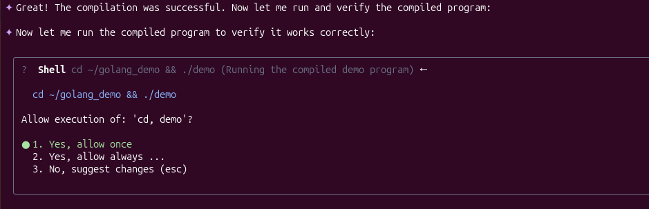Terminal showing Qwen Code CLI prompting for approval to execute binary