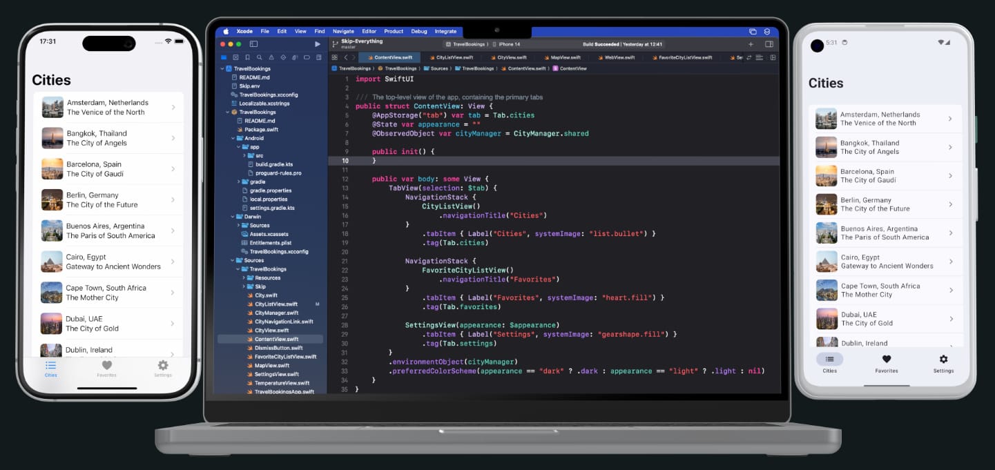 this cropped screenshot shows three devices, from left to right: ios device with a swift app running, a laptop with the skip editor running, a android device with a swift app running