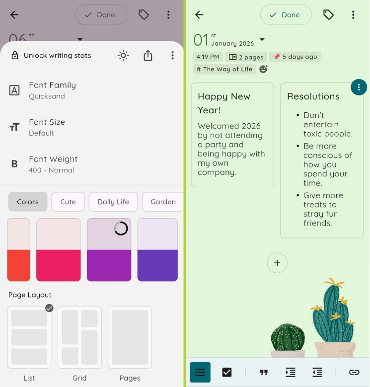 storypad font, note theme, and page layout options on the left, on the right is a journal entry with a nice green theme applied with the grid page layout