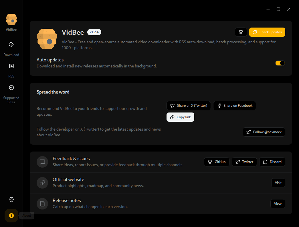 About page of VidBee video downloader.