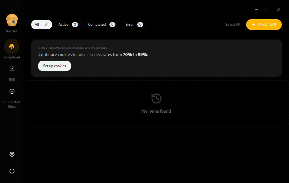 VidBee homescreen page.