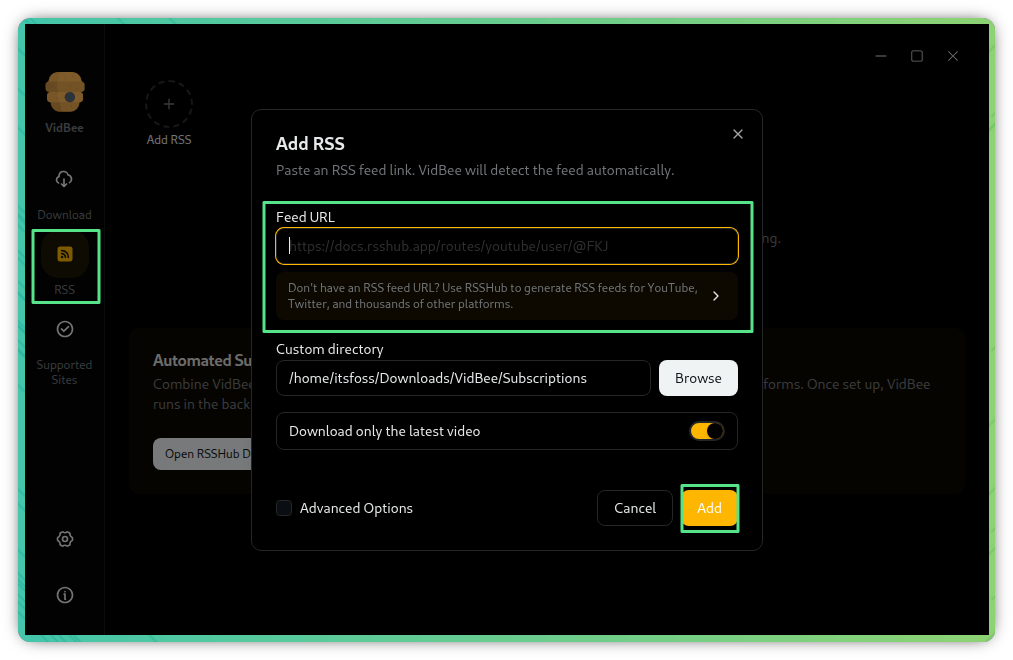 VidBee provide RSS link