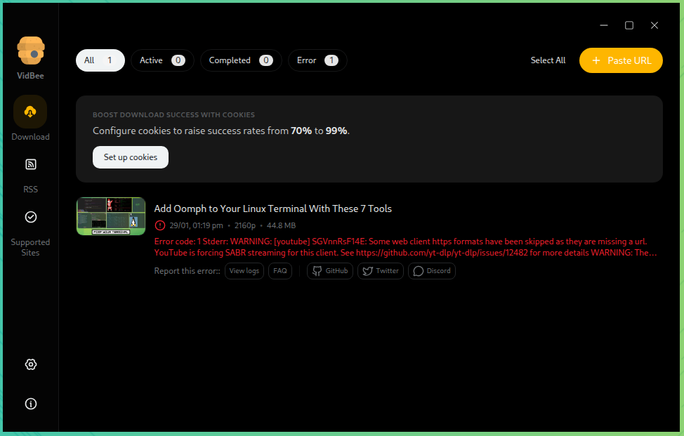 VidBee download error.