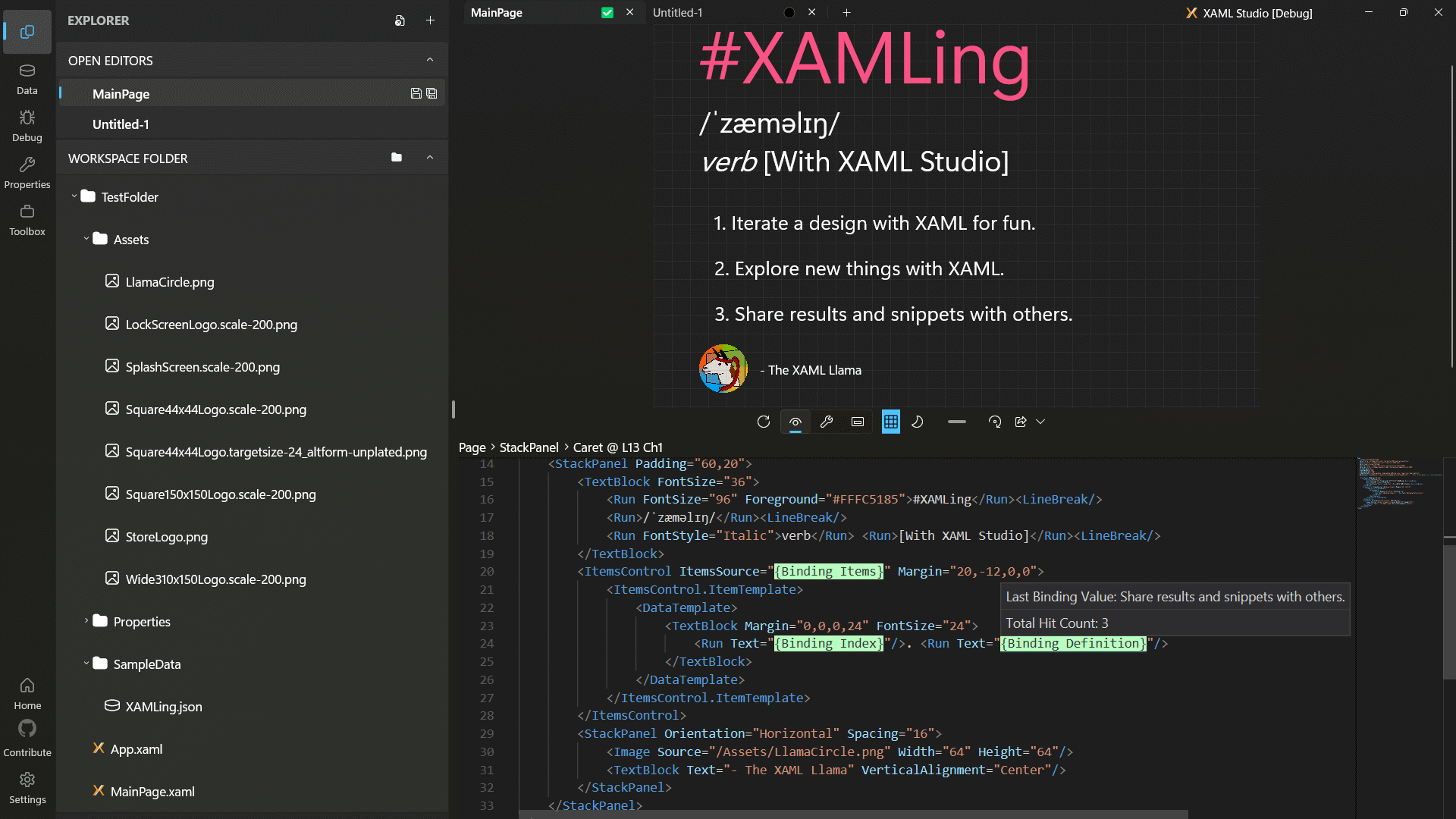 this screenshot shows the upcoming v2 interface for xaml studio, there is a two-fold sidebar on the left and on the lower-right is the code editor showing the output above