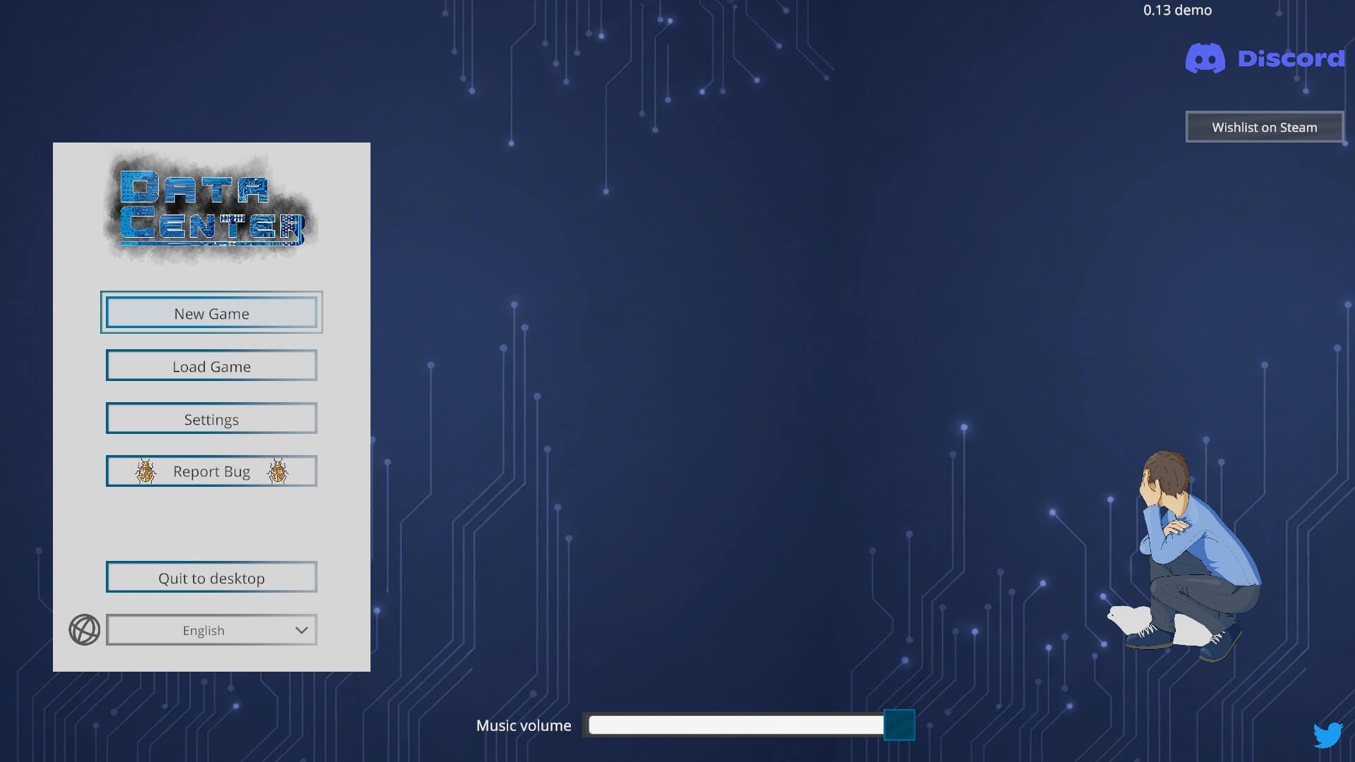 the main menu of data center is shown here, with a bunch of menu options on the left for new game, load game, settings, report bug, quit to desktop, and the language switcher