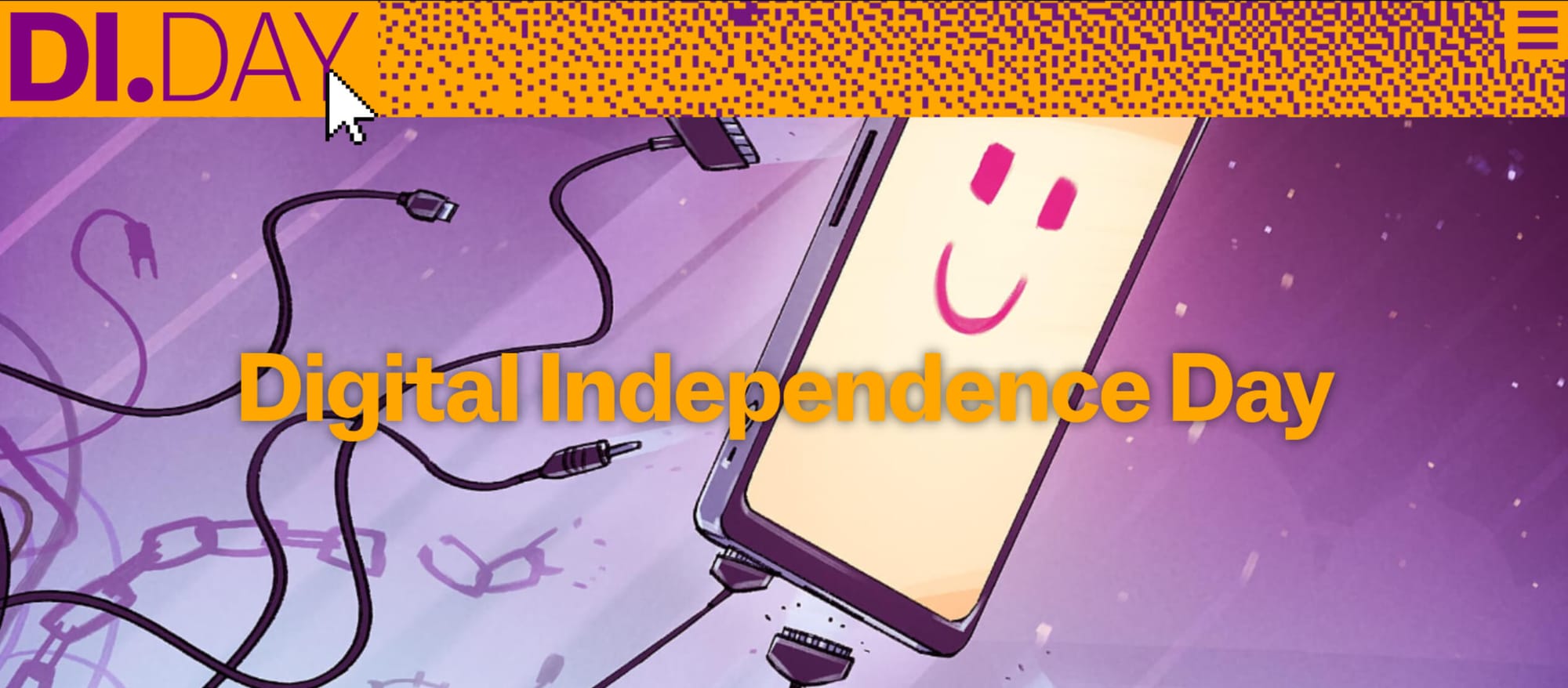 the digital independence day website banner is shown here, there are elements colored in dark purple, white, black, and yellow in it