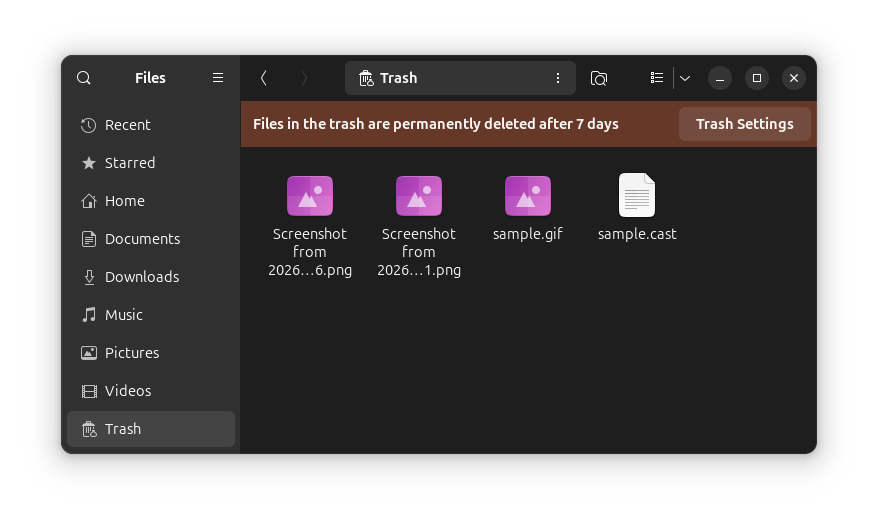 this screenshot shows the trash folder in nautilus file manager on a gnome-equipped system