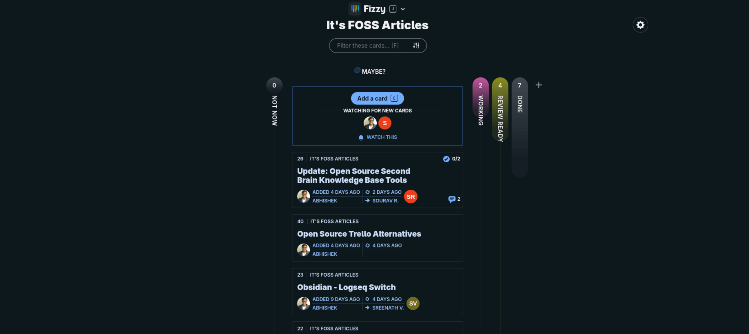 this is a screenshot of a fizzy instance showing the it's foss articles board with many task cards below