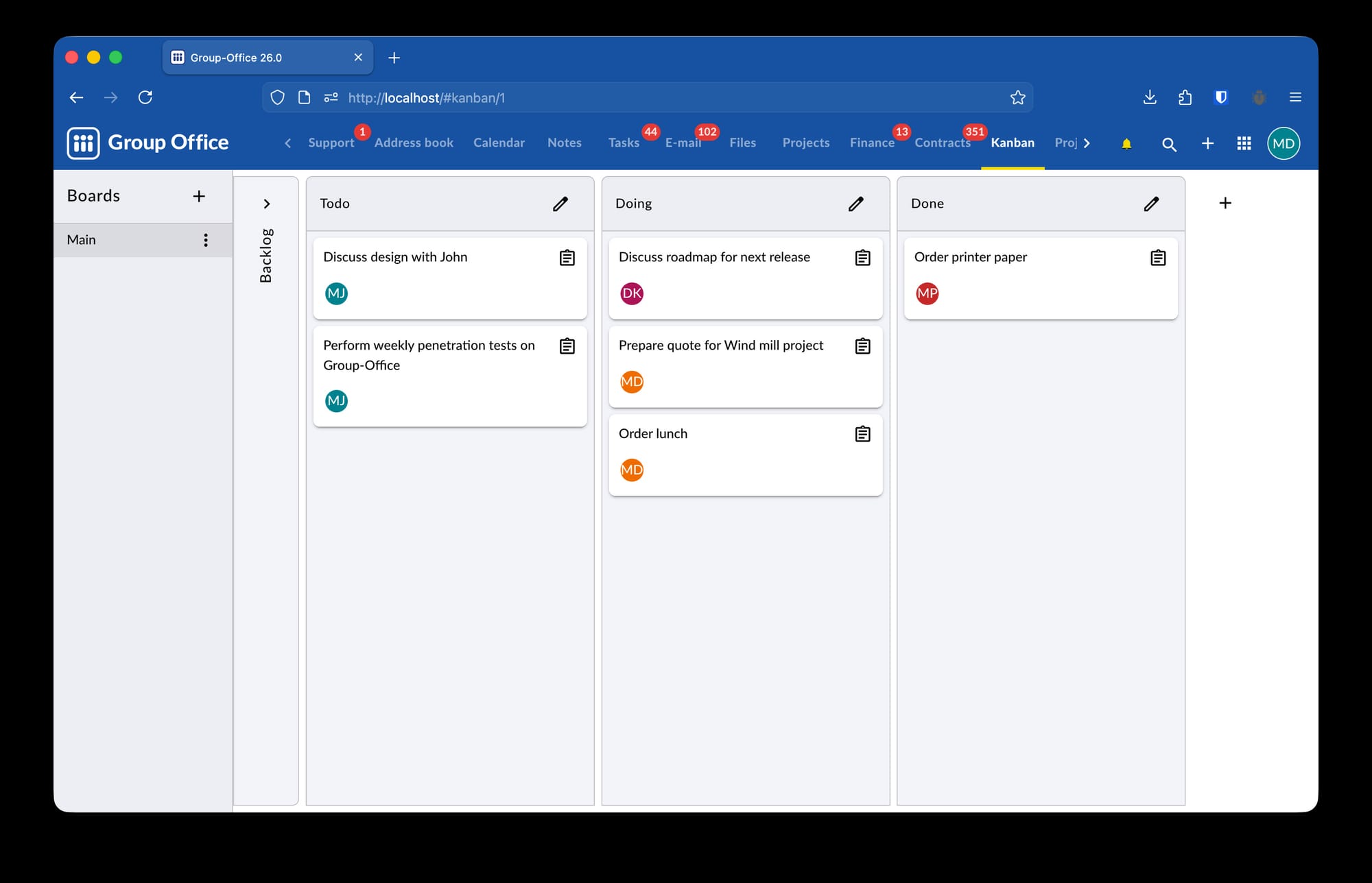 the new kanban feature of group-office is shown in this screenshot
