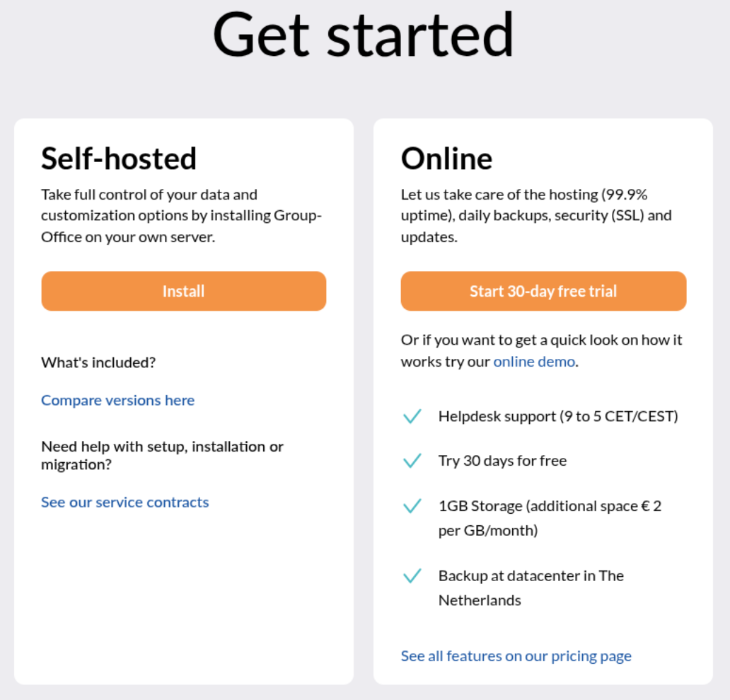 a cropped screenshot that shows the get started webpage on group-office's official website