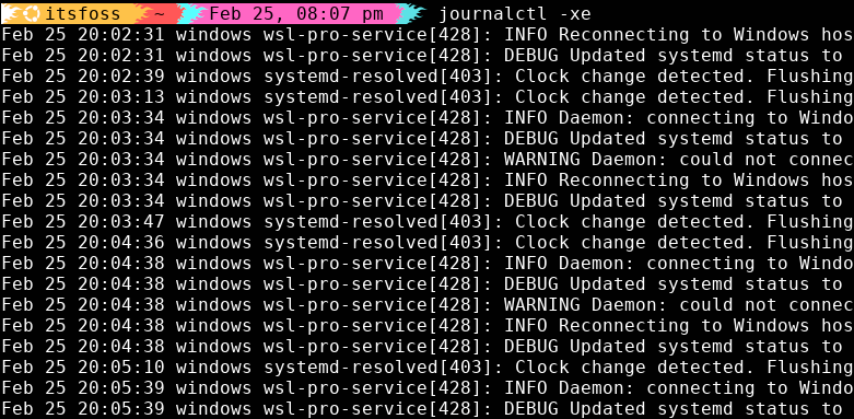 Using the journalctl -xe to jump to the most recent system logs 