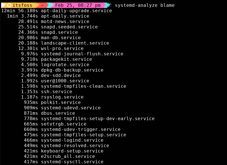 The blame command identifies exactly which services are slowing down your Linux boot time