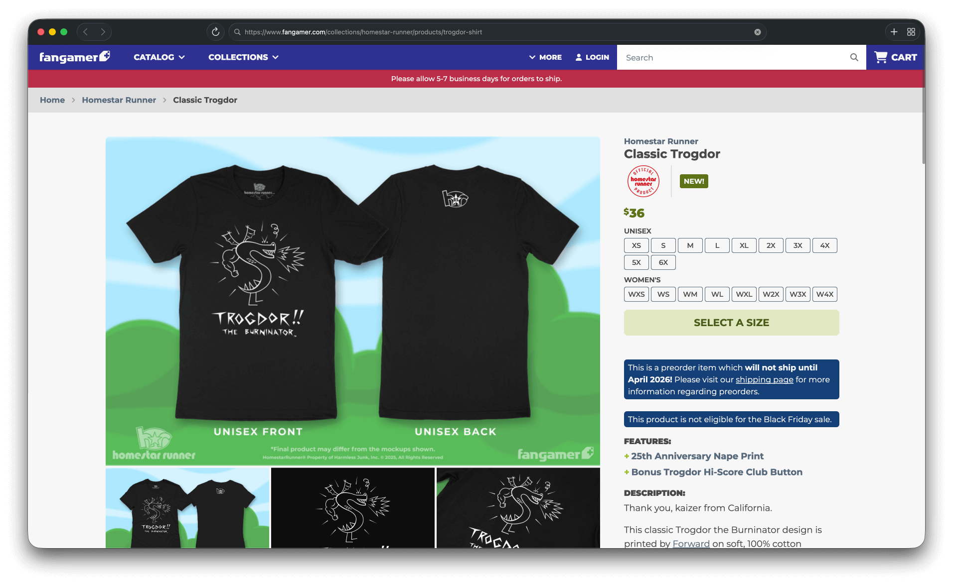 a screenshot of an early build of ladybird browser running on macos, it shows a fangamer merchandise store listing