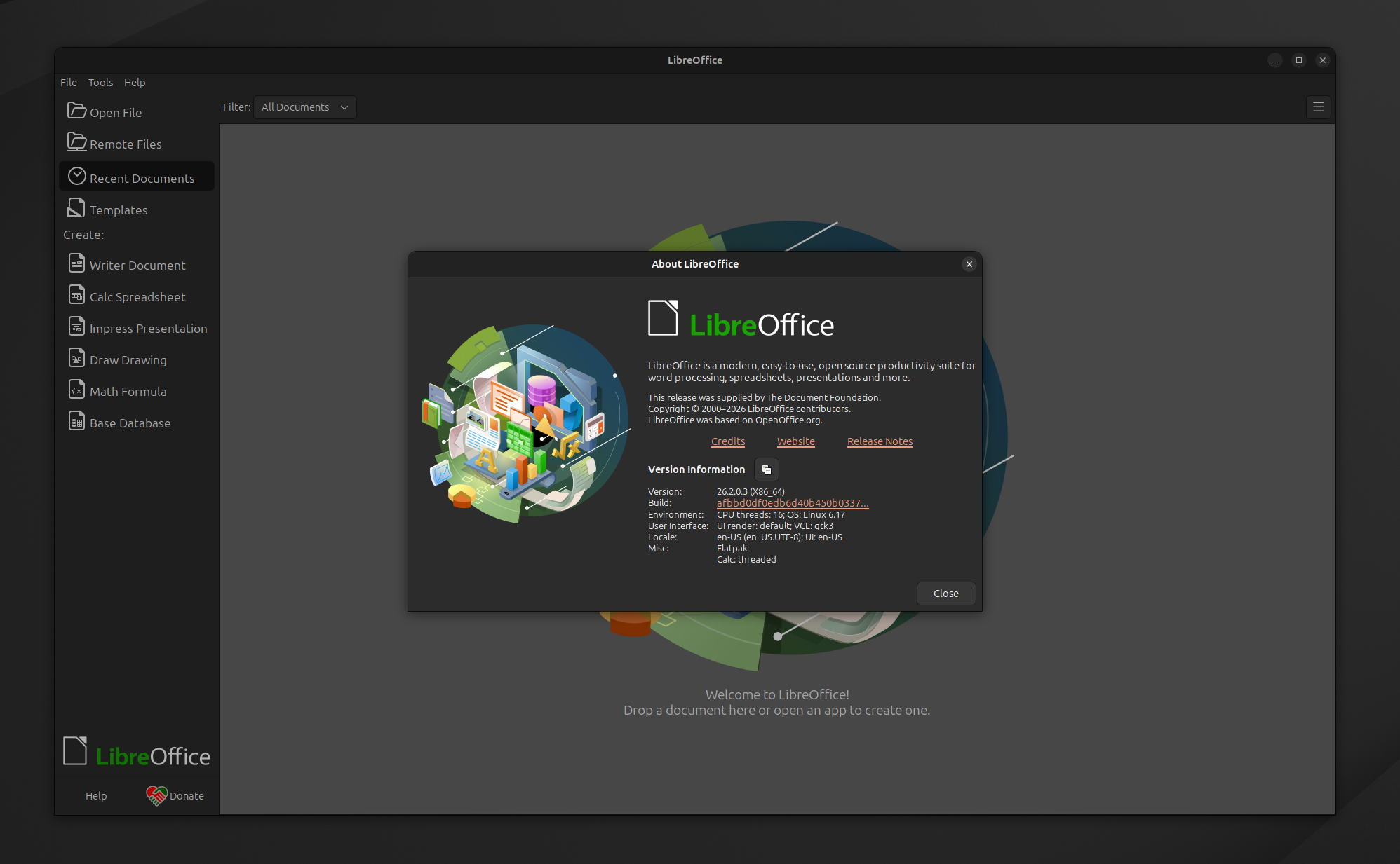 libreoffice 26.2 is shown here with the about dialog open
