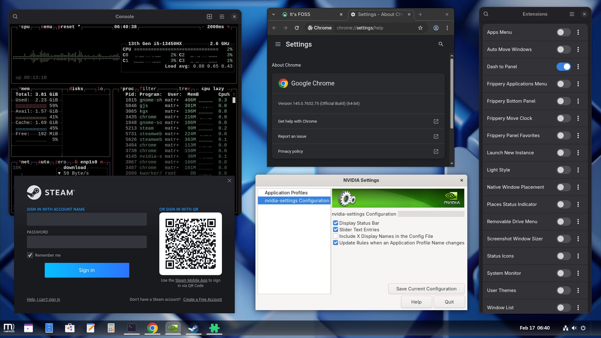 this desktop screenshot of matrix shows btop, steam, google chrome, nvidia settings, and the shell extension apps open, displaying against a mixed blue cubical background, and a blurred taskbar at the bottom