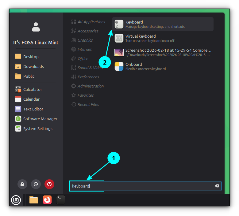 A screenshot showing Linux Mint start menu. Search for keyboard in the start menu and hit enter on the selection.