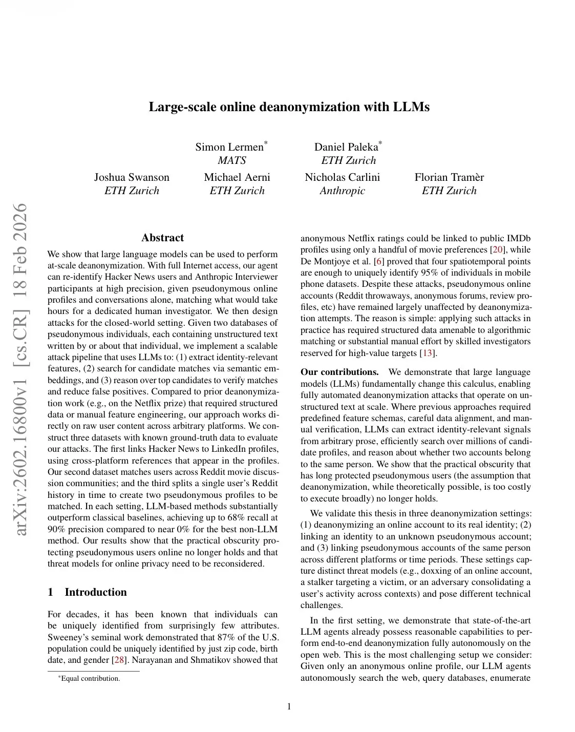 Large-scale online deanonymization with LLMs