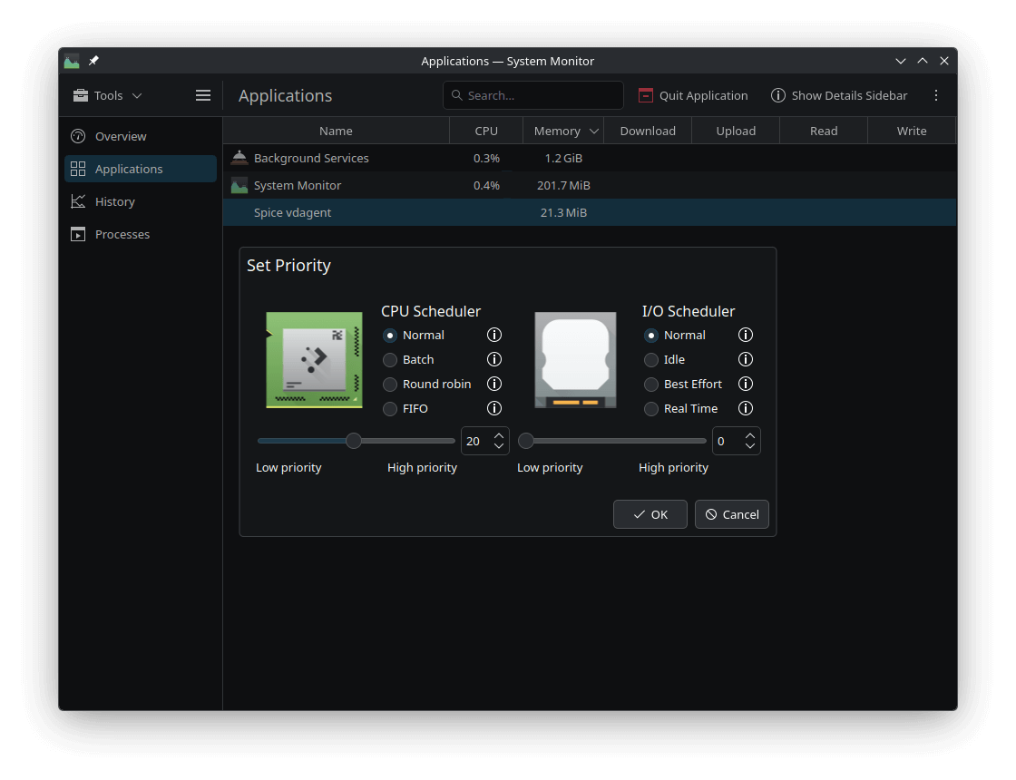 kde plasma 6.6 system monitor's new process priority setting dialog