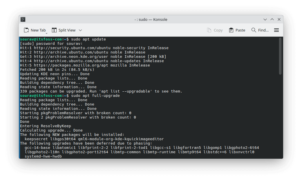 a screenshot that shows the konsole terminal with two commands being run, sudo apt update, and sudo apt full-upgrade