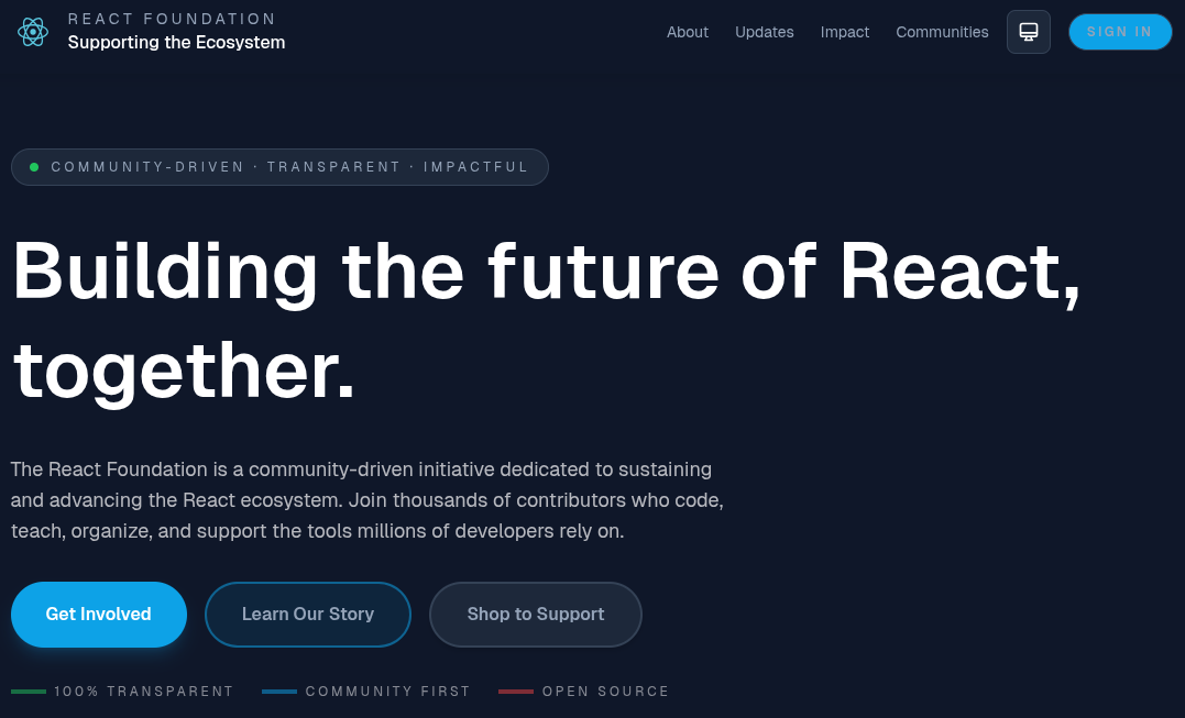 a cropped image tha shows the react foundation website with lots of text in it