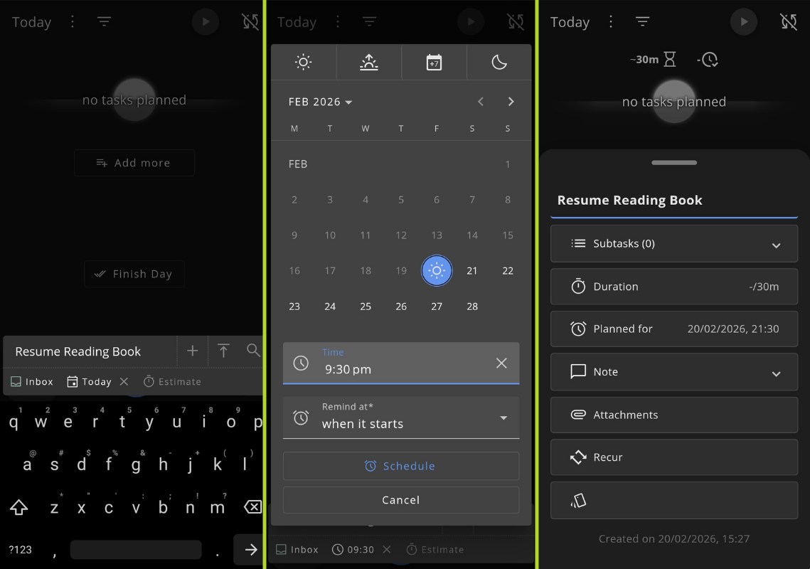 a three-part collage that shows a new task being created on super productivity