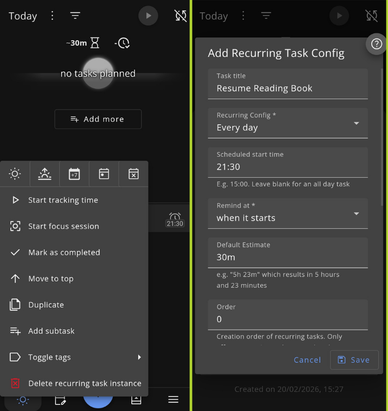 a two-part collage that shows the various options one has when they select a task on super productivity (on the left) and the menu to configure recurrance for a task (on the right)