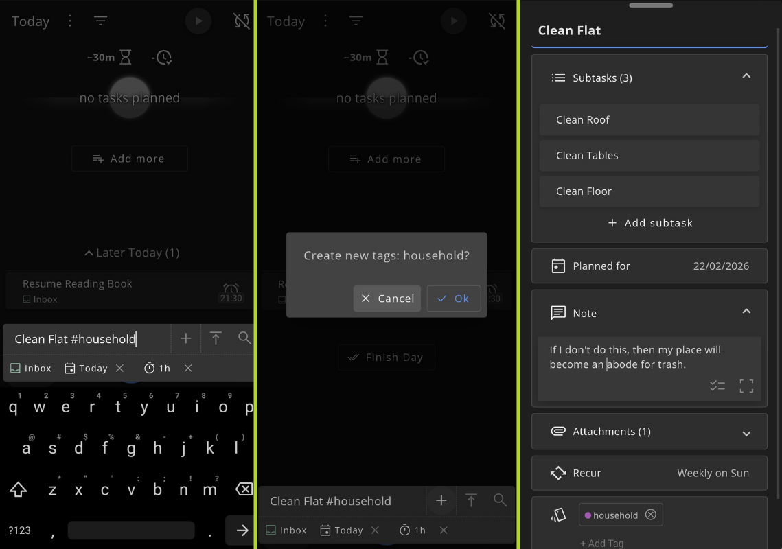 a three-part collage that shows the tag creation process (on the left), and what options there are under a task on super productivity (on the right), it shows subtasks, due date, note, attachments, recurrance, and the tag