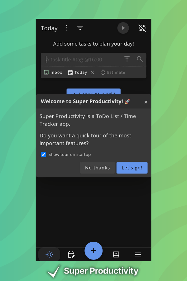 a green-colored picture shows a screenshot of super productivity in the center with the welcome dialog visible, the logo for the app is attached below that