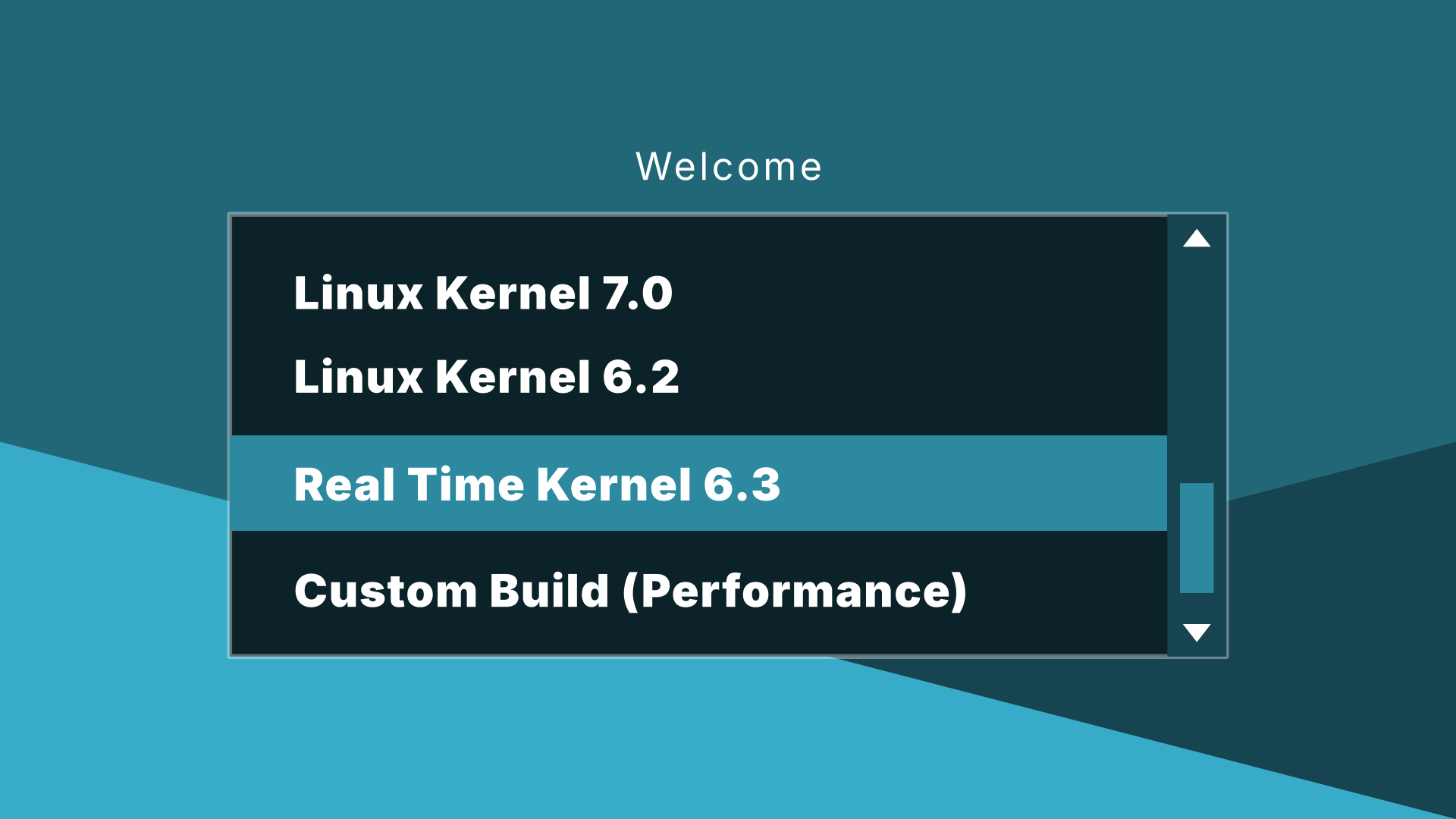 A simulated boot screen showing kernels 7.0, 6.2, Real Time Kernel 6.3 and "Custom Build (Performance)" as options