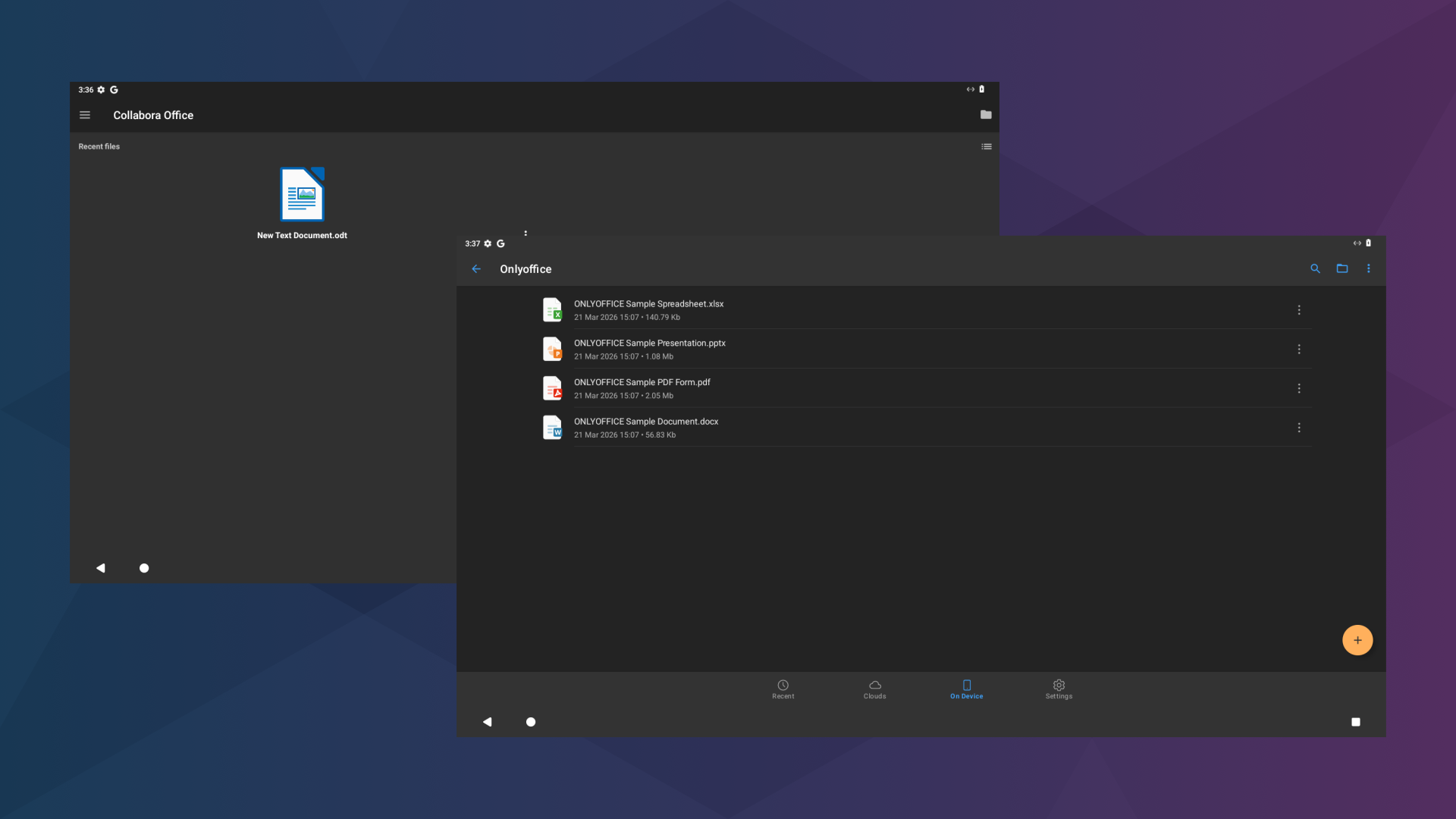 A screenshot of the homescreens of ONLYOFFICE and Collabora Office, both running on Waydroid, with a blue and purple background.