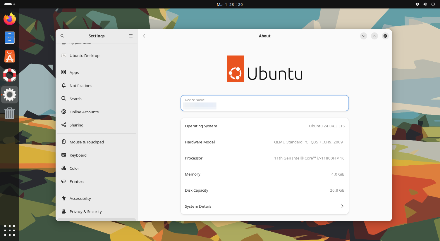 A slightly customized Ubuntu desktop with the "About" panel of the system settings open