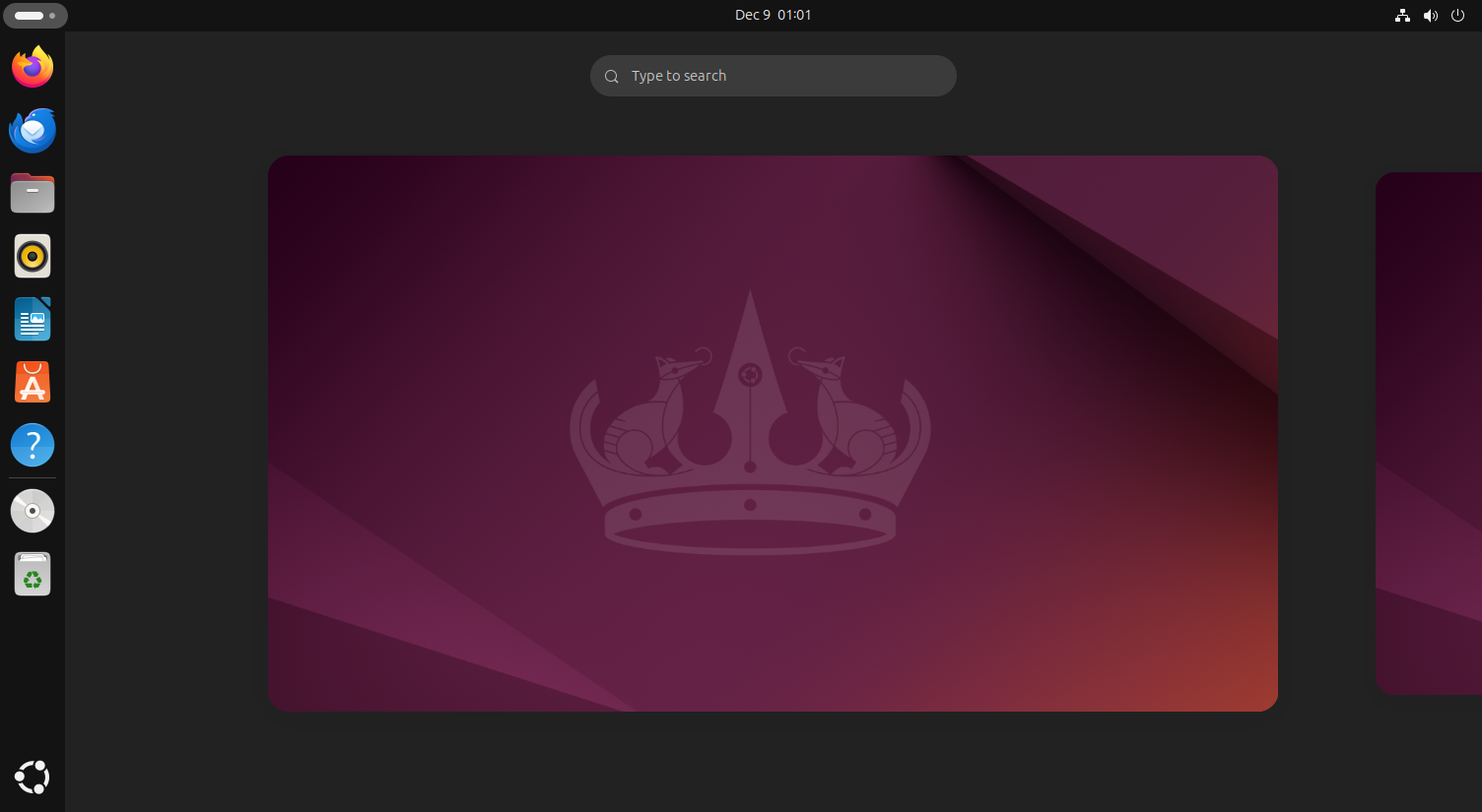 An Ubuntu desktop showing the GNOME dash and Ubuntu's panel interface