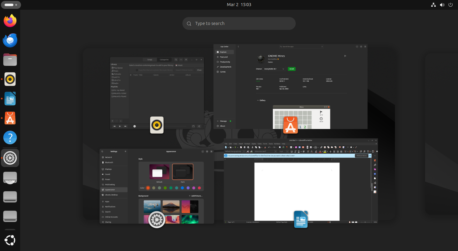A screenshot of the GNOME dash in Ubuntu showing multiple applications running on a virtual desktop