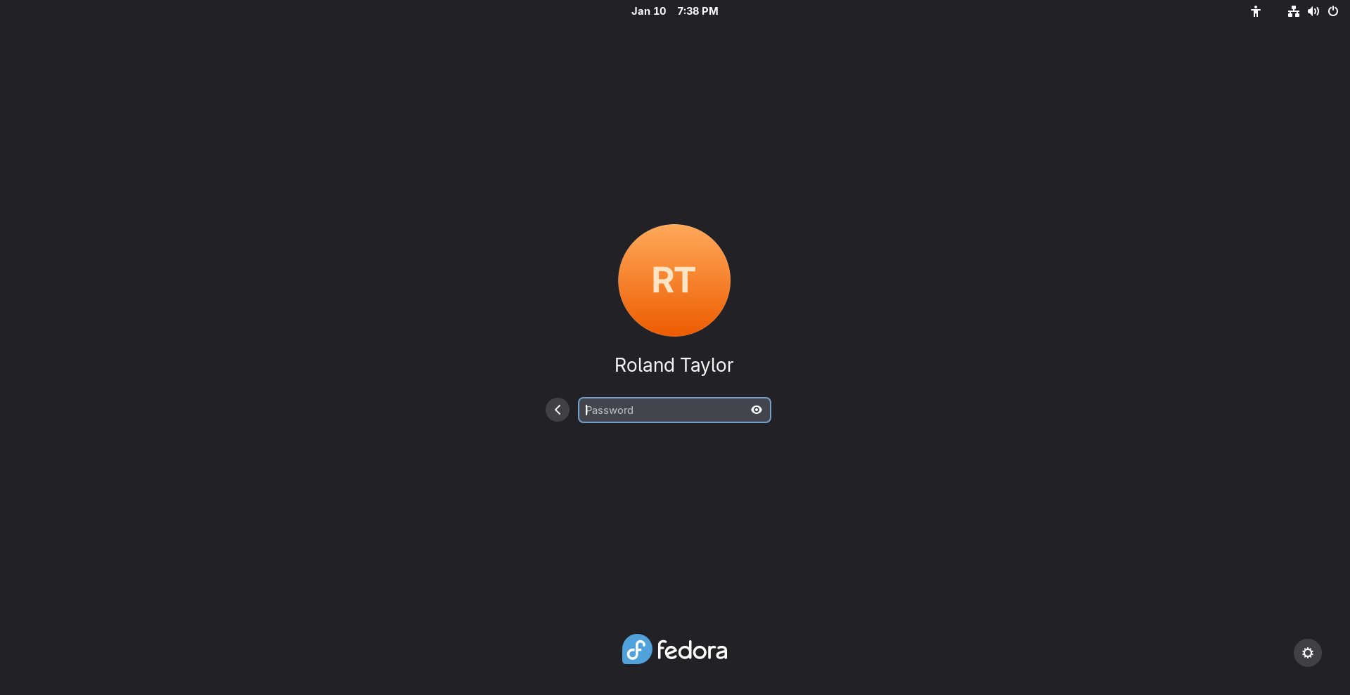 The GDM login screen showing the author's user account ready for sign-in to a Fedora system