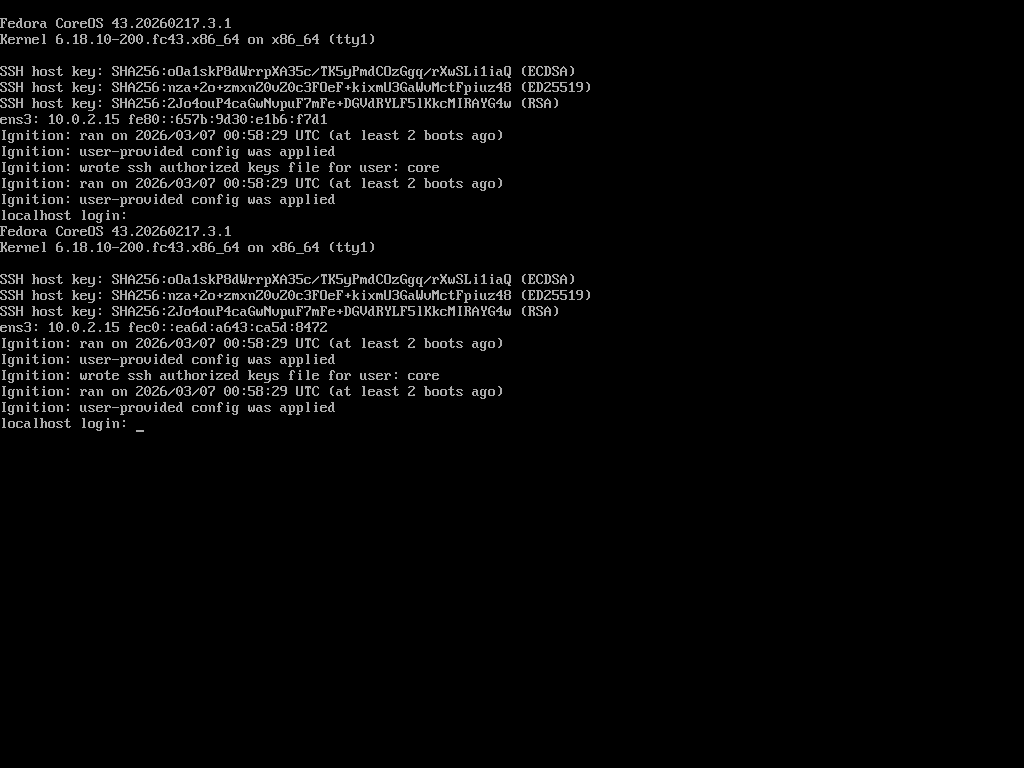 The Fedora CoreOS login prompt
