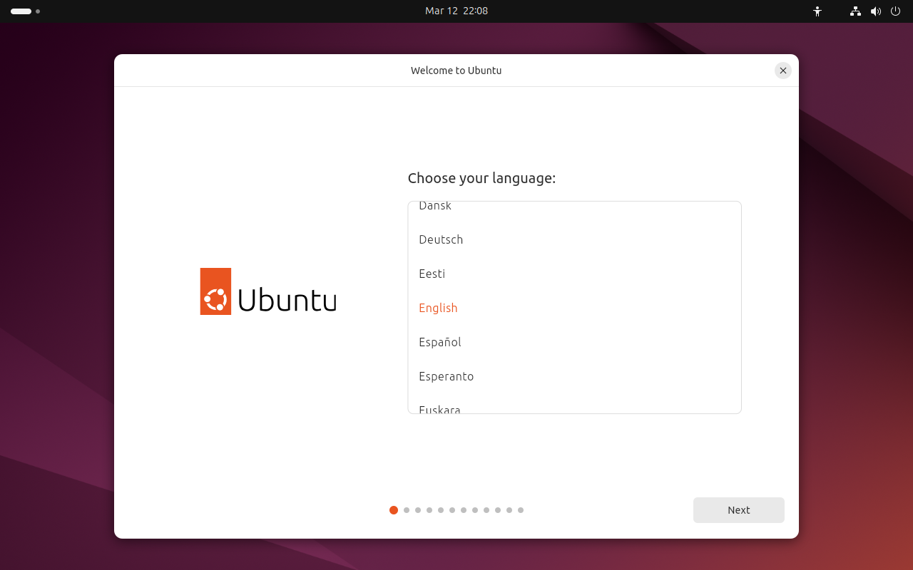 The Ubuntu 24.04 welcome screen showing the language selection tab